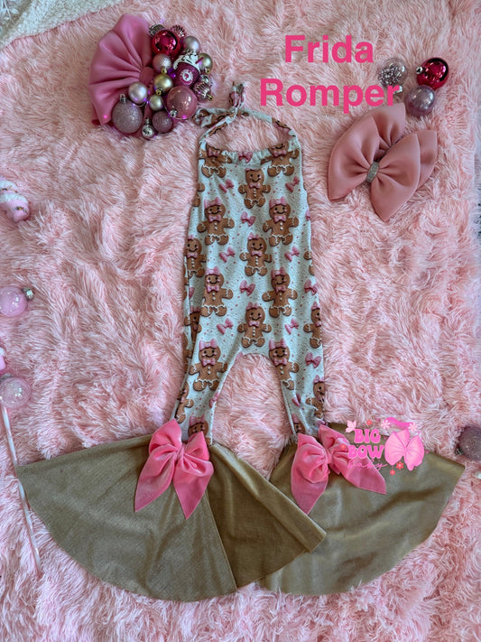 5T Gingerbread Bows Frida Romper (Halter Tie Back Straps)