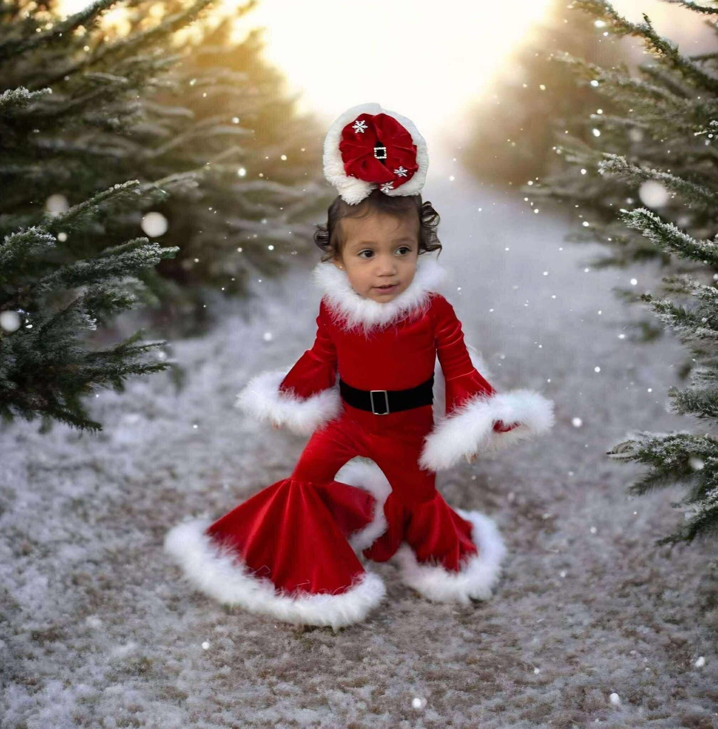 GLITTER PINK VELVET - Mrs. Clause Bell Romper & Bow